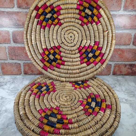 14" Straw woven coiled wall, table decor or Centerpiece, multi-color, Trivet - Picture 4 of 5